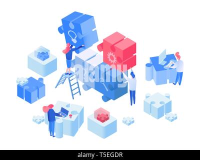 Employees coworking, team working isometric illustration. Programmers brainstorming, searching creative solution 3D vector clipart. Workflow optimization, business partners assembling jigsaw puzzle isolated design element Stock Vector