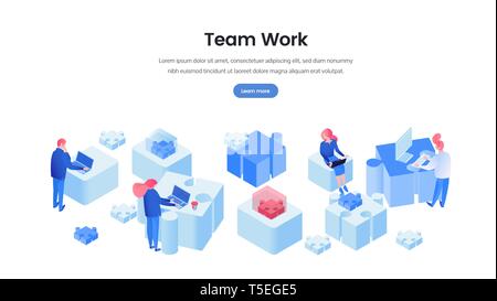 Teamwork web banner 3D vector template. Coworking space, creative studio workers cooperation, collaboration, brainstorming isometric illustration. Colleagues cartoon characters sitting on jigsaw puzzle details Stock Vector
