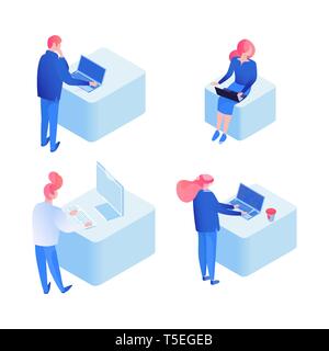 Developers programming, coding isometric illustrations set. Freelancers, employees using laptops, surfing Internet vector 3D cliparts pack. Business lounge zone, open office workplace isolated design element Stock Vector