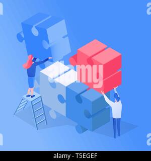 Colleagues teamwork, partnership isometric vector illustration. Programmers brainstorming, creative solution searching process 3D clipart. Jigsaw puzzle missing details assembling isolated design element Stock Vector