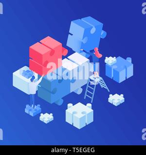 Teamwork, creative process isometric illustration. Programmers brainstorming, developers searching solution 3D vector clipart. Colleagues coworking, fixing jigsaw puzzle isolated design element Stock Vector
