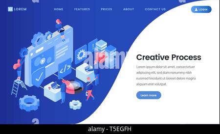 Creative process landing page isometric template. SEO, web design studio workers brainstorming, searching ideas 3D vector website homepage. App software developers, programmers coworking, team working illustration Stock Vector