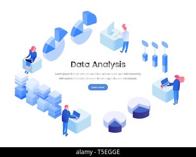 Data, business analysis isometric landing page. SMM, SEO, stock market analytics, metrics, statistics 3D website homepage. Analysts, brokers analyzing infographics, working on computers vector illustration Stock Vector