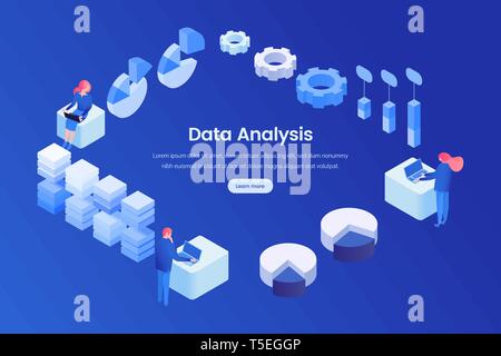 Data analysis landing page isometric template. SMM, SEO, stock market analytics, metrics, statistics 3D website homepage. Business analysts, brokers cartoon characters analyzing infographics vector illustration Stock Vector