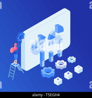 Business analysis, software optimization isometric illustration. SEO, commerce conversion, market analytics, statistics 3D vector clipart. App developer, programmer, UI, UX designer cartoon character Stock Vector