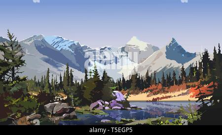 mountain landscape, a large river running through the wooded hills at dawn. Vector illustration of beautiful places of untouched nature. Stock Vector