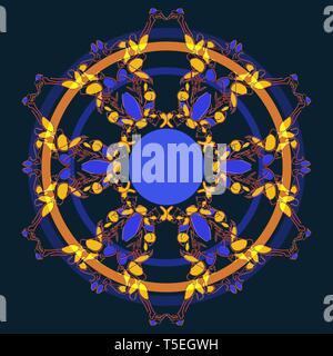 Round vector ornament of six fancy complicated elements. The lines are smooth, flowing. It is made in dark and bright saturated colors. Can be used as Stock Vector