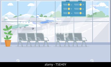 Empty airport terminal interior vector illustration. Seats rows, benches in departure lounge, waiting room, hall flat color drawing. International airlines, cartoon airplanes landing, flying Stock Vector