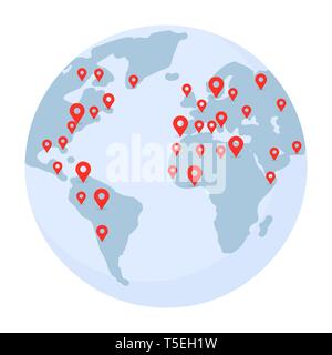 Planet Earth with pointer marks illustration. World wide shipping, delivery, location, GPS navigation isolated clipart. Around world traveling, globe, map with continents flat design element Stock Vector