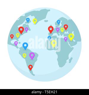 Planet Earth with multicolor pointers illustration. World wide shipping, delivery location, geolocation, navigation isolated clipart. Around world traveling, map with continents flat design element Stock Vector