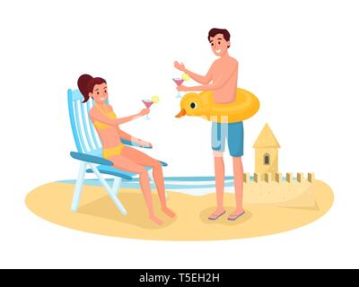 Summer season outdoor activities vector illustration. Man and woman on honeymoon, holiday vacation isolated clipart. Cartoon couple drinking cocktails, sunbathing on beach design element Stock Vector