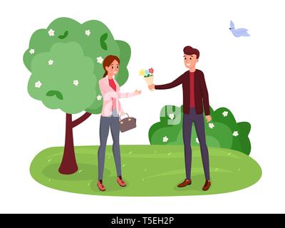 Couple on romantic date vector illustration. Spring landscape, blooming trees, bushes isolated clipart. Boyfriend giving girlfriend bunch of flowers, man and woman characters walking in park Stock Vector