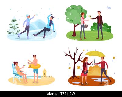 Seasonal outdoor activities vector illustrations set. Winter games, spring landscape, summer holiday vacation, autumn rain. Man and woman playing snowballs, strolling in park, sunbathing cliparts pack Stock Vector