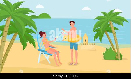 Summer holiday vacation vector illustration. Man and woman on honeymoon, exotic sea resort, recreation drawing. Cartoon boyfriend, girlfriend drinking cocktails, sunbathing on tropical beach Stock Vector