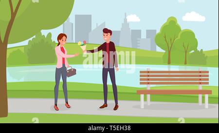 Couple on romantic date flat illustration. Spring landscape, modern cityscape, trees, bushes drawing. Boyfriend giving girlfriend bunch of flowers, man and woman strolling, walking in city park Stock Vector