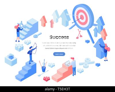 Business success landing page vector template. Marketing department team, sales conversions growth, customer attraction, retention isometric concept. Marketers, advertisers characters Stock Vector