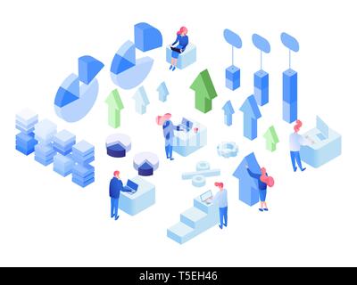 Data analytics isometric vector illustrations set. Marketers, programmers, software developers isolated characters. Business statistics, metrics tools, diagrams, charts, arrows 3d design elements pack Stock Vector