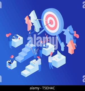 Marketers teamwork isometric vector illustration. Business development strategy, SEO workflow optimization process flat concept. Workers, colleagues, programmers working together isolated characters Stock Vector