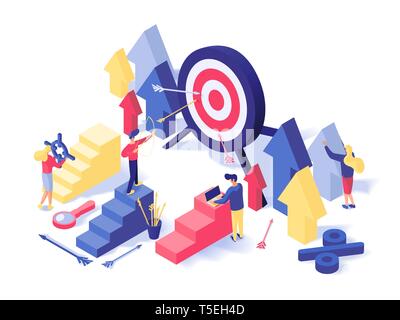 Customer attraction strategy isometric illustration. Targeting advertising settings, sales growth, traffic conversions increasing, promo campaign. Business analytics, metrics tools 3d concept Stock Vector