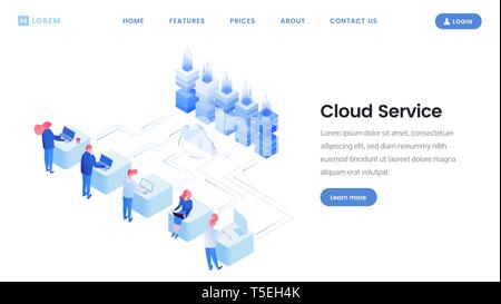 Cloud service landing page vector template. Data web storage, cloud computing isometric illustrations with site navigation, menu. Software development, programmers coding process website mockup Stock Vector