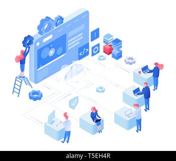 Web development vector isometric concept. Programmers coding, software developers, digital marketers flat characters. Web hosting, cloud computing and storage, iot isolated 3d design element Stock Vector
