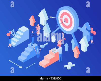Social media marketing strategy isometric illustration. Targeting advertising, sales growth, traffic conversions increasing, SMM, SEO. Promo campaign analytics, metrics tools 3d concept Stock Vector