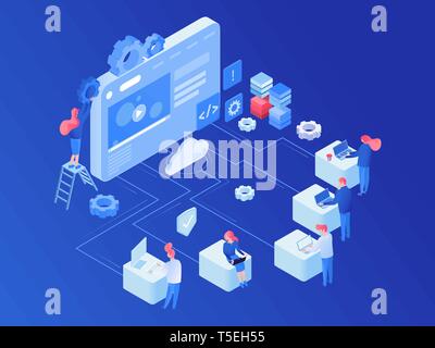 Web hosting platform isometric vector illustration. Website optimization, service, SEO, cloud computing, webpage development flat concept. Web designers, programmers, coders working isolated clipart Stock Vector