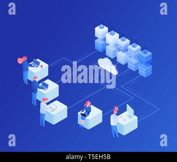 Iot, cloud service isometric vector illustration. Web hosting, database, server, cloud computing, digital data storage flat concept. Global network users, software developers isolated 3d characters Stock Vector