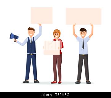 Marketers with advertising placards vector illustration. Promotion, marketing campaign, strategy flat concept. People, managers, advertiser holding empty banners, poster for text isolated clipart Stock Vector
