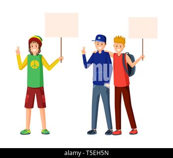 Youth social movement flat vector illustration. Teenagers protesting, protect human rights with empty placards mockup. Students meeting, youth subculture demonstration, school strike concept Stock Vector