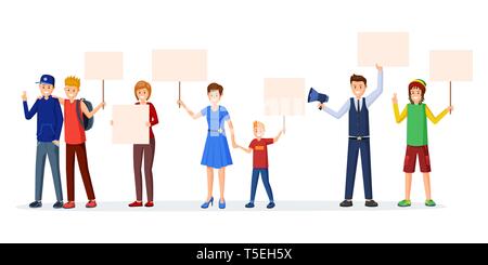 Human rights protection flat vector illustration. Adults, teenagers, kids protesting, participating in social movement with empty placards, posters. Unconventional participation concept Stock Vector