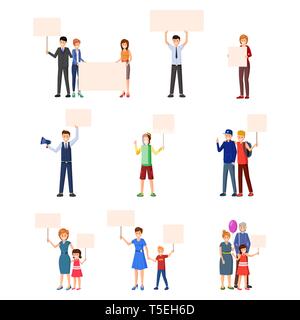 Activism, rights protection flat illustrations set. Young people, adults, kids, teenagers participating in social movement, protest events and actions. Protestors with empty placards characters Stock Vector