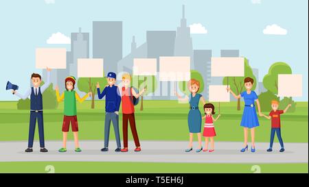 Street protest flat vector illustration. City nature saving, human rights protection, meeting, strike, social movement. Activists, protesters, participants in urban park with empty placards in hands Stock Vector