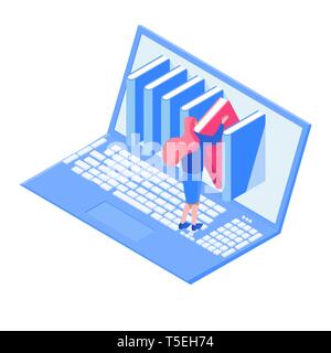 E books reading isometric vector illustration. Online, digital library, e-learning, distance education flat concept. Tiny woman choosing book inside laptop display isolated design element Stock Vector