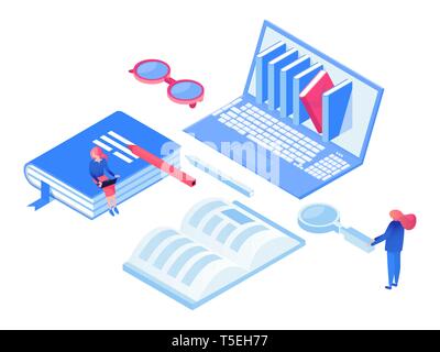 Self education isometric vector concept. Ebooks reading, online library, e learning 3d illustrations. Students studying, working with laptop, doing scientific research isolated design elements Stock Vector