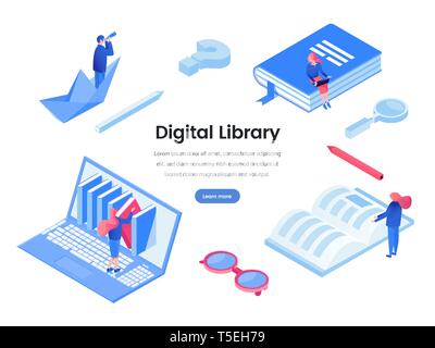 Digital library web banner vector template. Online books, e learning, internet educational programs and software landing page, website layout. Tiny people reading ebooks, studying isometric cliparts Stock Vector