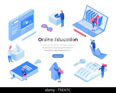 Online education landing page isometric template. E learning, distance education, online courses and classes website layout. Educational programs, software, virtual library webpage vector mockup Stock Vector