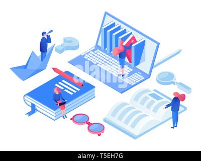 Online courses isometric vector concept. Ebooks shop, online library, e learning classes 3d illustrations. Students reading, working with laptop, doing homework, research isolated design elements Stock Vector