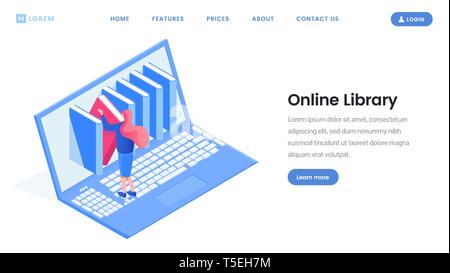 Online library landing page vector design. Tiny woman choosing ebook on laptop isometric vector illustration. Digital encyclopedia, online course, e book reading software website flat mockup Stock Vector
