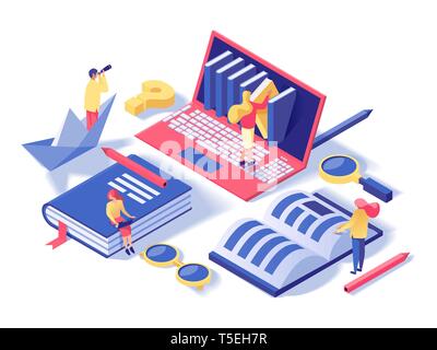 Online school, classes isometric vector illustration. Ebooks store, online library reader, e learning 3d illustrations. Students self education, doing homework, research isolated design elements Stock Vector