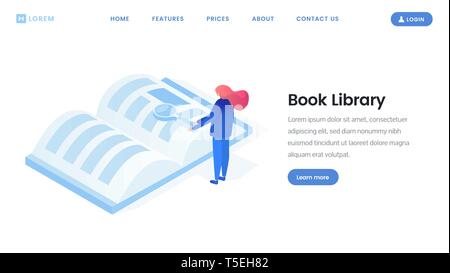 Virtual library landing page isometric template. Ebook reader, online e-library, distance learning website flat layout. Tiny woman reading book with magnifying glass, research 3d vector illustration Stock Vector
