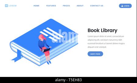 Book library landing page isometric template. Ebook reading, virtual e-library, online learning website flat layout. Tiny woman sitting on book and working with laptop 3d vector illustration Stock Vector