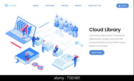 Cloud library service landing page isometric template. Virtual library, ebooks archive, cloud computing, online courses and education website mockup. Infobusiness, educational software development Stock Vector
