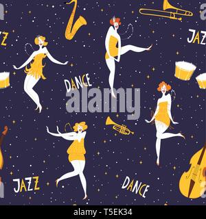 Retro style music vector dance seamless pattern with dancing women Stock Vector