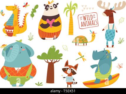 Big set of funny cartoon wild animals.  Stock Vector