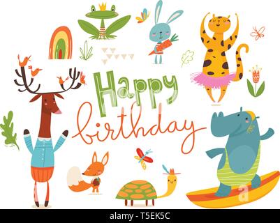 Happy birthday card or poster with happy wild animals.  Stock Vector