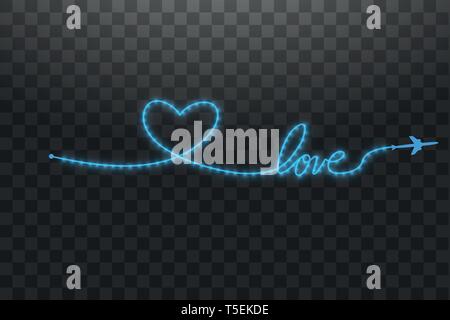 The aircraft and its track in the form of a strip of shiny LED strip in the shape of a heart on a transparent background. Vector illustration. The Stock Vector