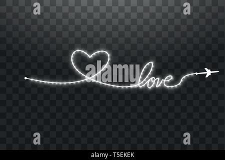The aircraft and its track in the form of a strip of shiny LED strip in the shape of a heart on a transparent background. Vector illustration. The Stock Vector