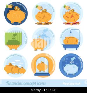 flat business concept icon with piggy bank circle financial terms Stock Vector