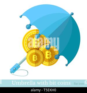 Flat business icon bit coins protected by umbrella Stock Vector